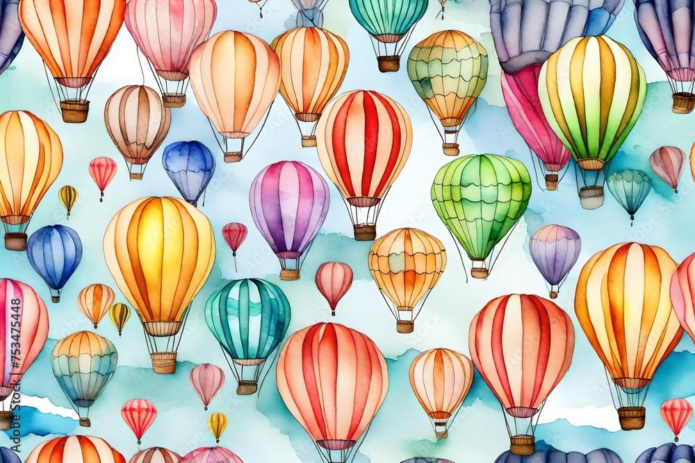 Watercolor colorful hot air balloons