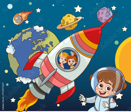 vector illustration of kids and Rocket.Little children are happily flying on a rocket. Bright pictures for children's wallpapers, books, comics and coloring books.
