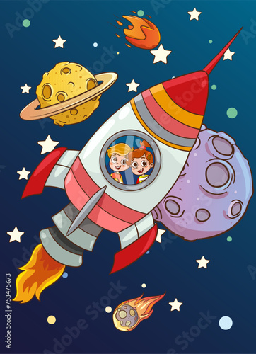 vector illustration of kids and Rocket.Little children are happily flying on a rocket. Bright pictures for children's wallpapers, books, comics and coloring books.