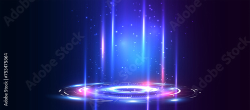 Portal and hologram science futuristic technology background. Sci-fi digital hi-tech stage in glowing HUD projector. Magic gate in game fantasy. Circle teleport podium. GUI, UI virtual reality. Vector