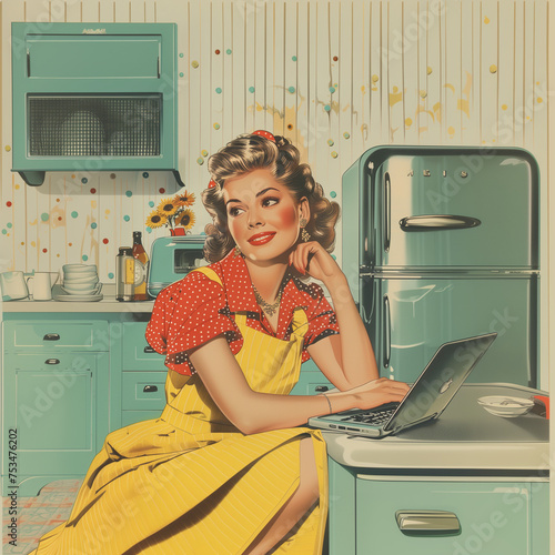 1950's advertising, a woman in kitchen  working with laptop photo