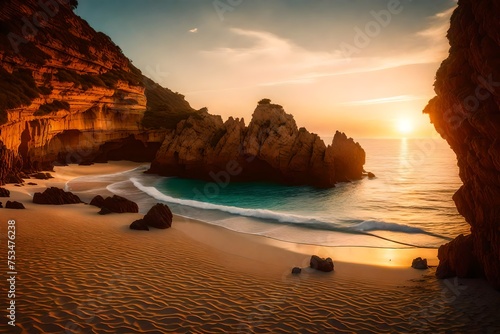 View from the cave a sandy beach along the ocean at sunset