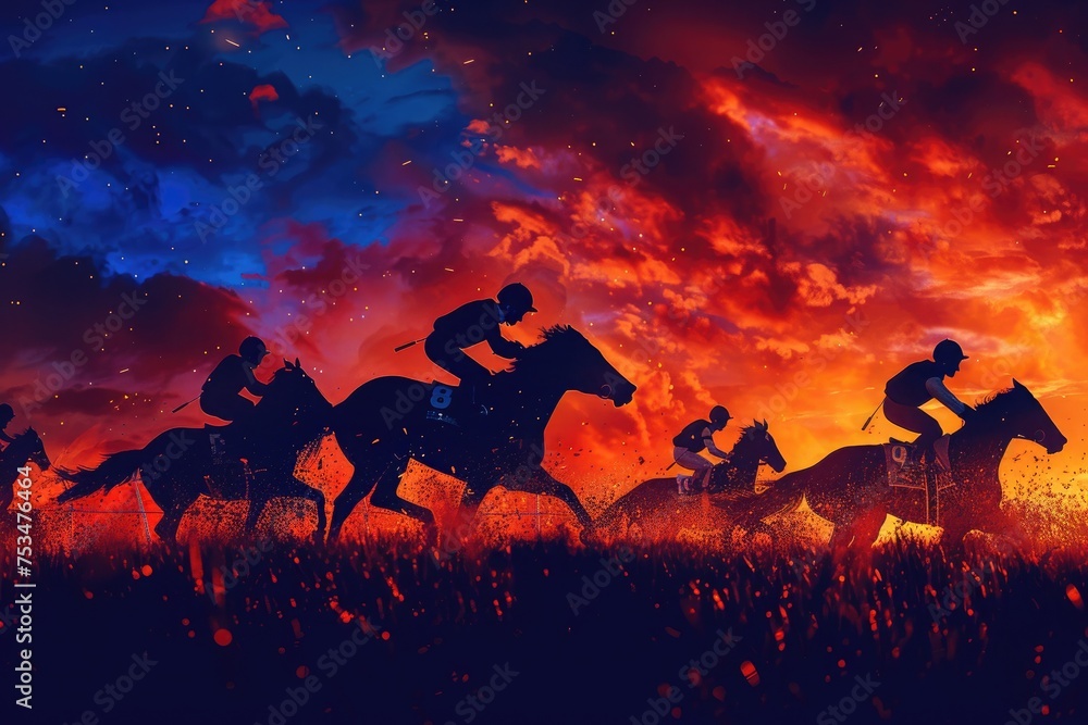 silhouettes of racing horses are set against a brightly lit audience and a vivid nighttime sky - obrazy, fototapety, plakaty 