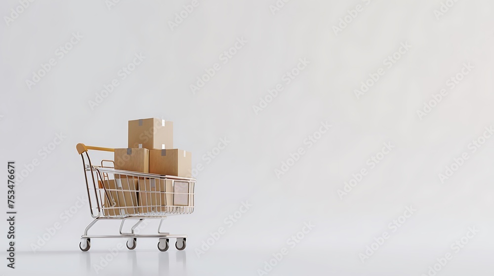 paper boxes in a small shopping cart on solid white background