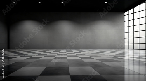 An empty room with a blackandwhite photo