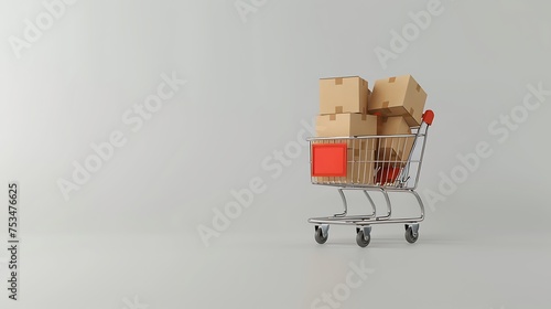 paper boxes in a small shopping cart on solid white background