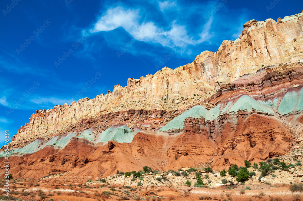 Colorful Layers of earth within the Colorado Plateau Physiographic Province in Capitol Reef National Park in Utah