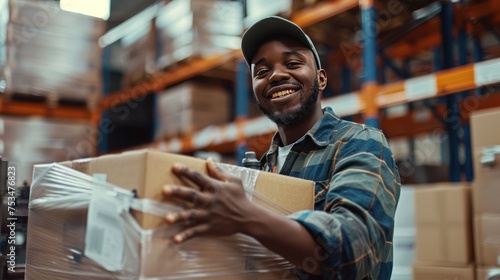 A male warehouse worker holding a cardboard box smiled happily.