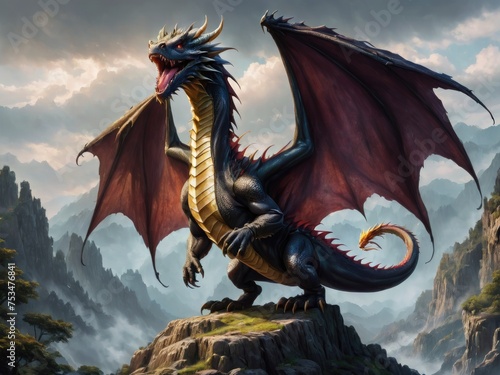 Dragon in the Sky, Dragon Flying Wallpaper, a realistic dragon on mountain wallpaper background image © Tilak