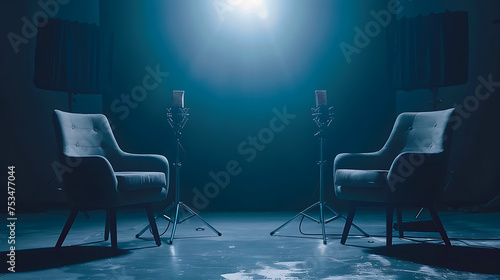 Banner of a podcast or interview room with two chairs and microphones on a dark background, ideal for media conversations or podcast streaming concepts, with space for text.