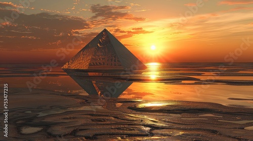 Sunset reflection concept on a crystal pyramid in a quiet desert.