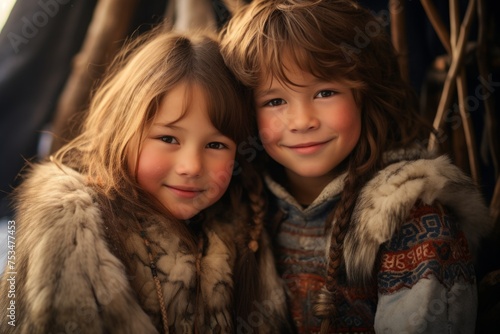 Evenki children, boy and girl, standing near the yurt. the indigenous inhabitants of the northern regions. photo