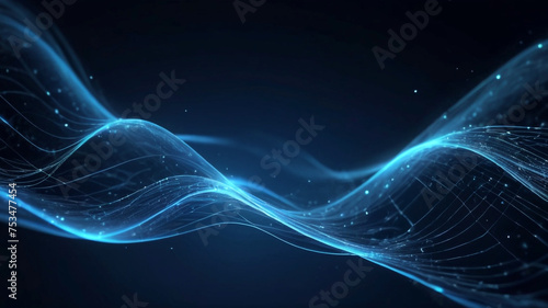 Abstract blue tech background with digital waves, dynamic network system, artificial neural connections, cyber quantum computing and electronic global intelligence