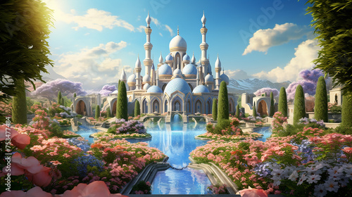 floral fantasy oasis showcasing a mosque