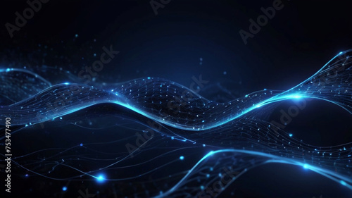 Abstract blue tech background with digital waves, dynamic network system, artificial neural connections, cyber quantum computing and electronic global intelligence