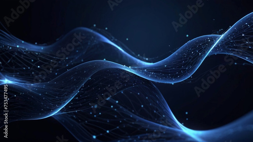 Abstract blue tech background with digital waves, dynamic network system, artificial neural connections, cyber quantum computing and electronic global intelligence