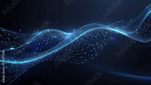 Abstract blue tech background with digital waves, dynamic network system, artificial neural connections, cyber quantum computing and electronic global intelligence © Titin