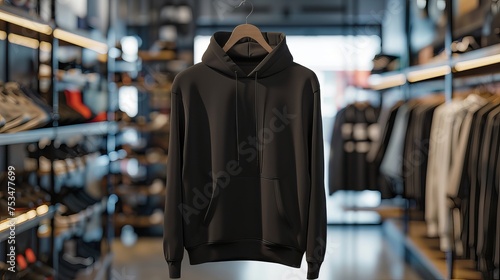 A hoodie mockup that is clearly displayed in front of the face against the background of a clothing store, a cool black hoodie against a blurred background. AI Generated.
