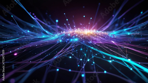 Abstract technology background with illuminated fiber optic network connections © Titin