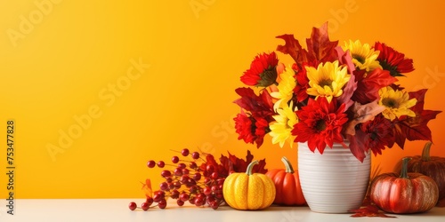 Fall-themed kitchen decor with red and yellow foliage, floral arrangement, and pumpkin on a bright backdrop.