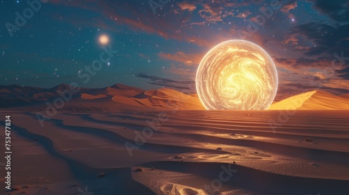 A peaceful desert scene, lit by an enigmatic light sphere, contrasted with the dazzling stars in the night sky and the soft light bouncing off the sand. 