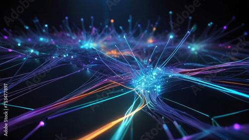 Abstract technology background with illuminated fiber optic network connections photo