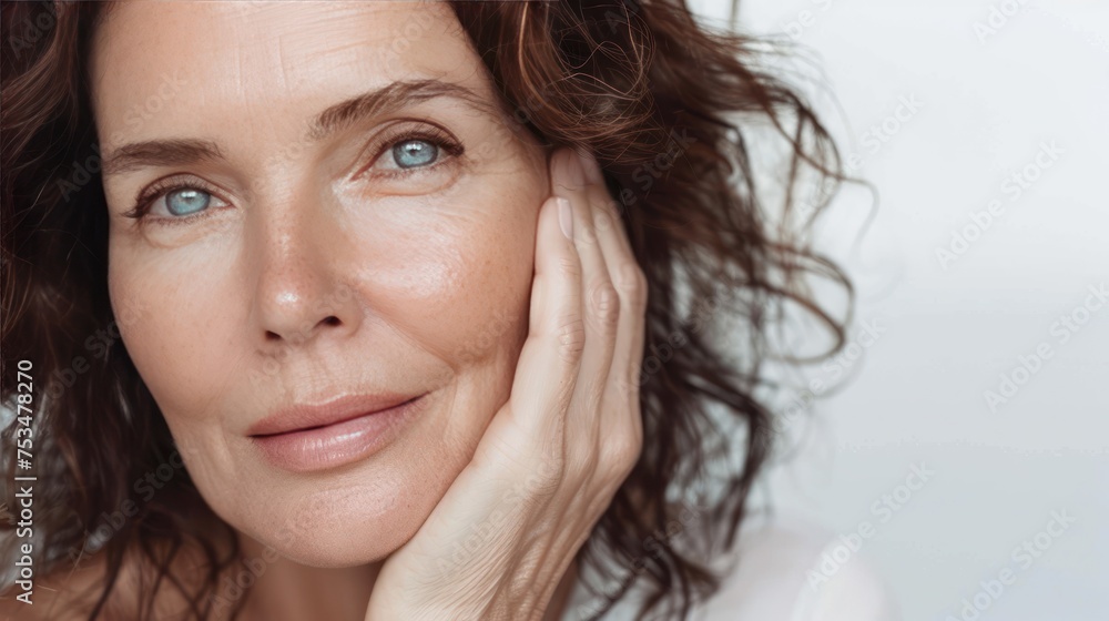 Beautiful middle-aged woman touching her cheek ,Skincare advertisements on a white background Beautiful middle-aged woman touching her cheek ,Skincare advertisements on a white background