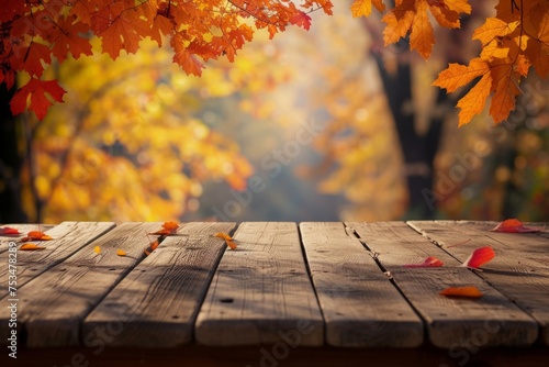 Empty boardwalk over autumn maples background. mock up for design and product display.