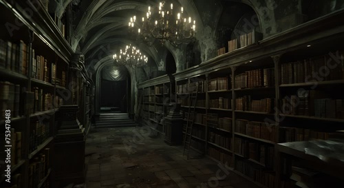 Old library, shelves of ancient books in dim light