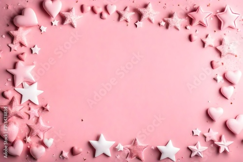 Pink background with hearts, stars and copy space. It's a girl backdrop with empty space for text. Baby shower or birthday invitation, party