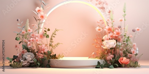 ed stand with pastel light backdrop and flowers. Premium product displayed with natural plant and leaves.