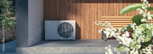 Air heat pump installed at a modern sustainable home - panoramic 3D visualisation