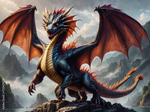 Dragon in the Sky, Dragon Flying Wallpaper, a realistic dragon on mountain wallpaper background image © Tilak