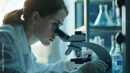 Young female researcher working with microscope in laboratory