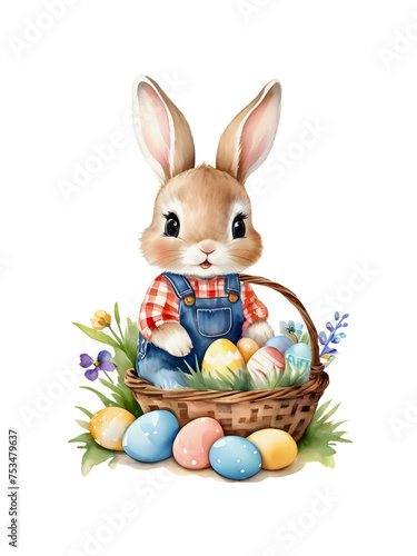 Happy easter with cute bunny in a basket full of colorful eggs and flowers isolated on transparent background. Watercolor illustration for design  greeting card  template  wallpaper  artwork