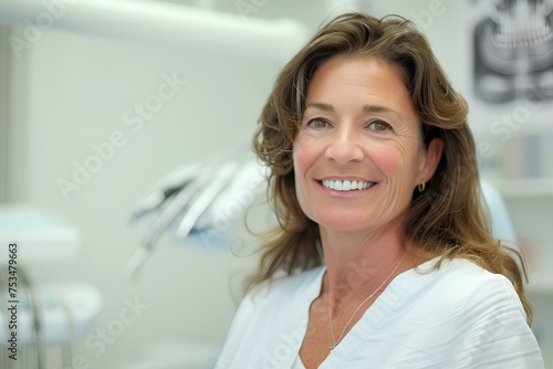50 years old woman with white teeth smiling in nice clothes on a dental clinic light background. generative AI