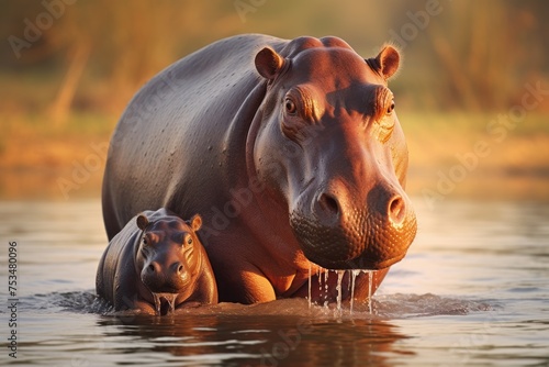 Hippo mom and her cub together. mother hippopotamus.