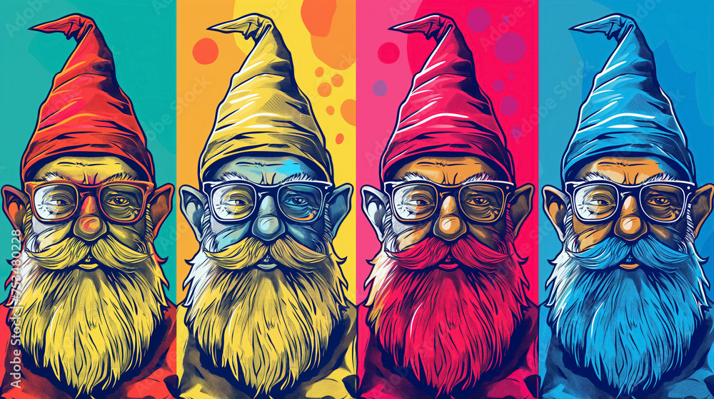 Pop art collage of colorful garden gnomes.