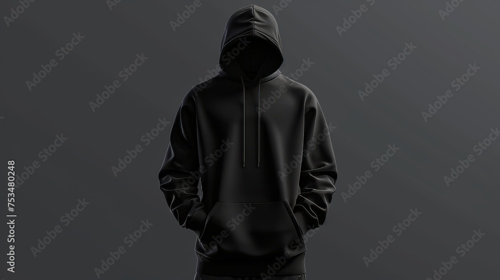 A black hoodie blank mockup with a black background, black room with studio light. 3d Rendering of Hoodie Mockup. Created with Generative AI. A black hoodie blank mockup with a black background, black room with studio light. 3d Rendering of Hoodie Mockup. Created with Generative AI.