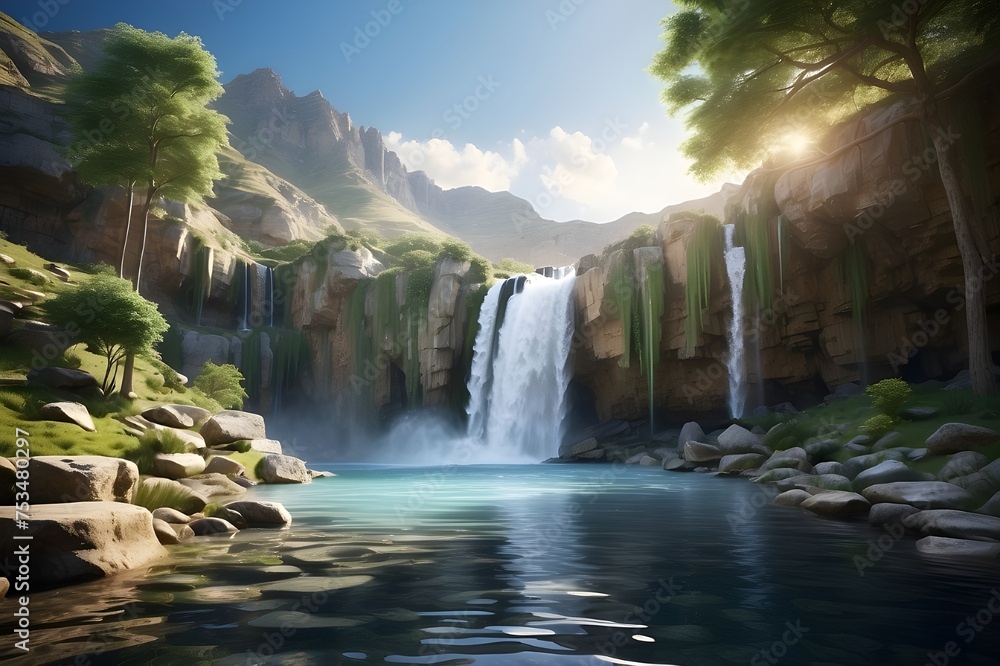 waterfall in the forest, A majestic waterfall cascading down into a serene pond, captured in stunning ultra HD quality.