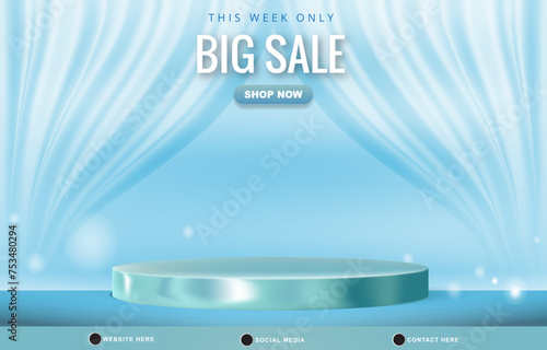 big discount sale template banner with blank space 3d podium for product sale with abstract gradient blue and white background design