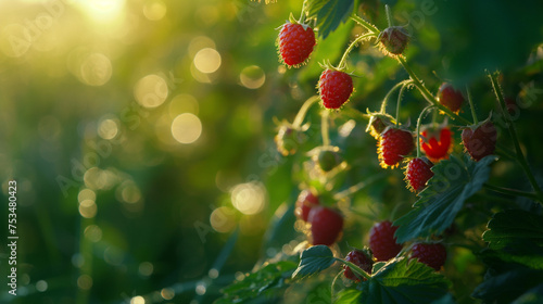 Ripe strawberries grow in the middle of a green plant. photo