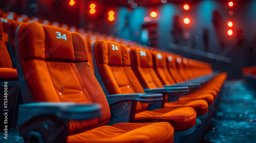 Fototapeta premium Empty comfortable red seats with numbers in cinema.