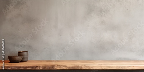 Product display template with concrete wall texture and a vacant wooden table.