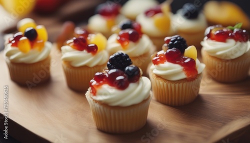 view of photo high angle shot of cheese cupcakes with fruit jelly and fruits on a wooden plate