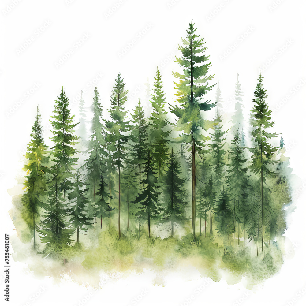 Watercolor forest detailed shading on white background