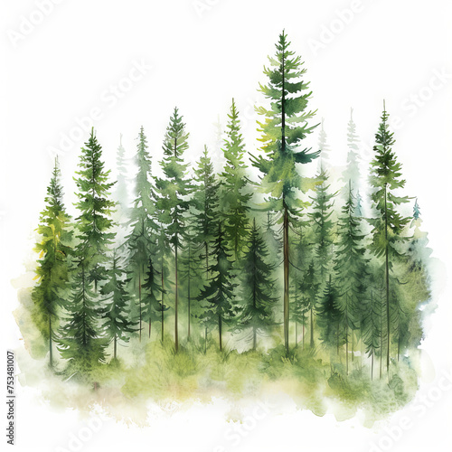 Watercolor forest detailed shading on white background