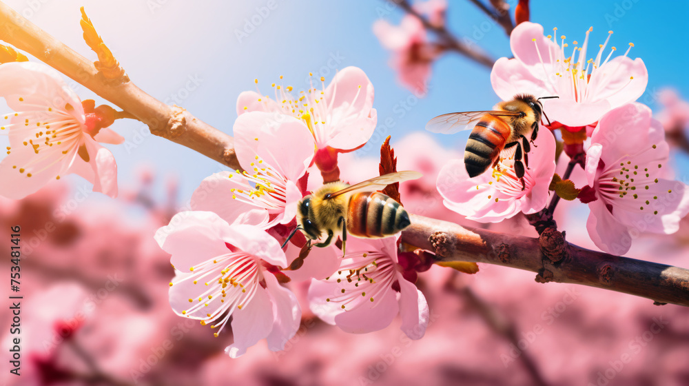 Bees gathering nectar - obrazy, fototapety, plakaty 