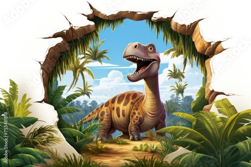 3D Brachiosaurus in a faux hole vibrant educational wall sticker design © Atchariya63