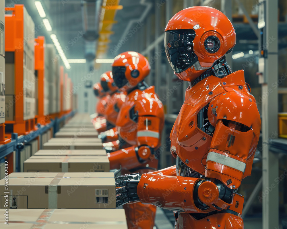 Robotic warehouse workers handling goods